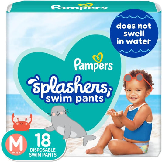 Swim Diapers - Splashers - Size M, 18 Count, Gap-Free Disposable Baby Swimming Pants