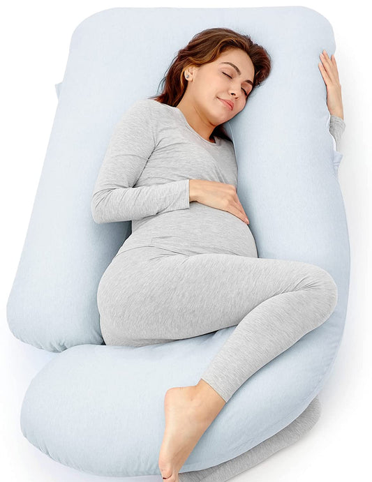 Pregnancy Pillows for Sleeping, U Shaped Full Body Pillow 57 Inch for Pregnant Women with Back, Hip, Leg, Belly Support, Washable Jersey Cotton Cover Included, Light Blue