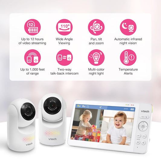 Advanced HQ Max Twin 7" Digital Video 2-Cameras Baby Monitor with Pan Tilt Zoom, Long Battery Life 5000Mah, IPS Screen, Adaptive Multi-Color Night Light, 2-Way Talk, HQ Display, No Wifi, White