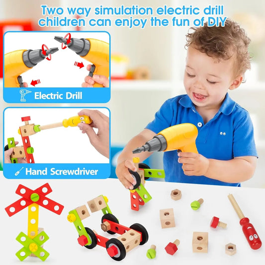 Kids Tool Set Toys for 3, 4, 5, 6, 7 Year Old Boys, Wooden Toddler Tools Set with Electric Drill & Tool Box, Montessori STEM Educational Construction Building Toy, Xmas Birthday Gifts for Boys Girls