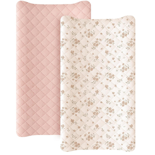 Waterproof Muslin Changing Pad Cover 2 Pack, Quilted Cotton Fitted Diaper Chang Table Cover, Soft Changing Pad Sheets for Girls Boys (Blossom,Pink)